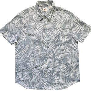 LEVIS Mens Large Shirt Gray Hawaiian Short Sleeve Floral Button Up Slim Summer